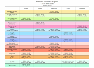 planning saison 2025-2026 academie martiale 9 dragons